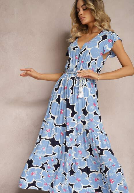 Niebieska Kwiecista Sukienka z Wiskozy z Gumką w Talii Wiązana Materiałowym Paskiem Vikennia
