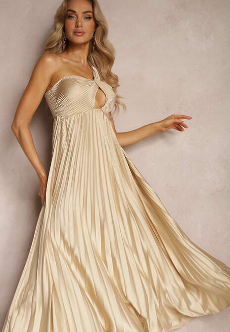 Beżowa Asymetryczna Sukienka Plisowana na Jedno Ramię z Gumką w Talii Elashay