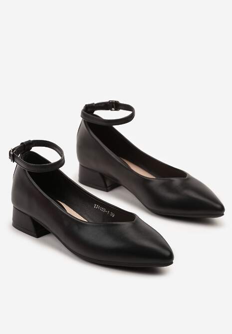 Czarne Błyszczące Czółenka na Słupku z Wkładką ze Skóry Naturalnej z Ozdobnym Paskiem Norzeri