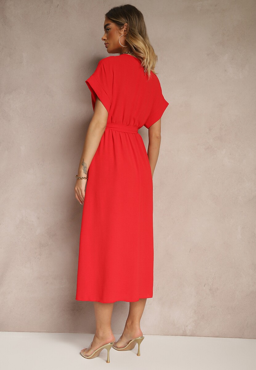 Czerwona Rozkloszowana Sukienka z Gumką w Talii i Wiązaniem Sepenira