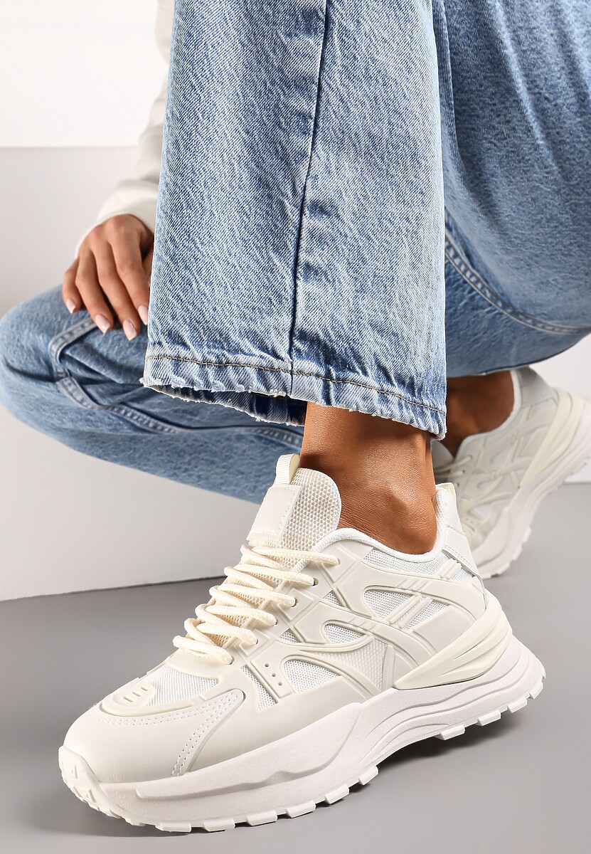 Beżowe Sznurowane Sneakersy na Grubej Podeszwie z Ozdobnymi Wstawkami Ilira