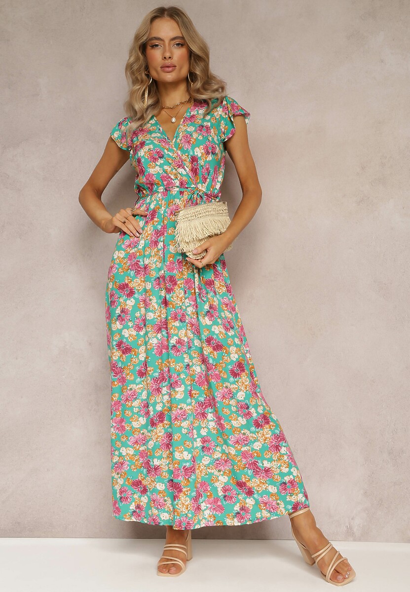 Zielona Rozkloszowana Sukienka z Wiskozy w Kwiaty z Gumką w Talii Omella