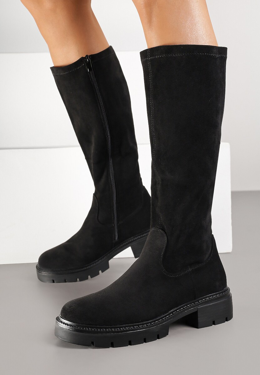 Czarne Kozaki z Imitacji Zamszu w Stylu Basic Fesamea