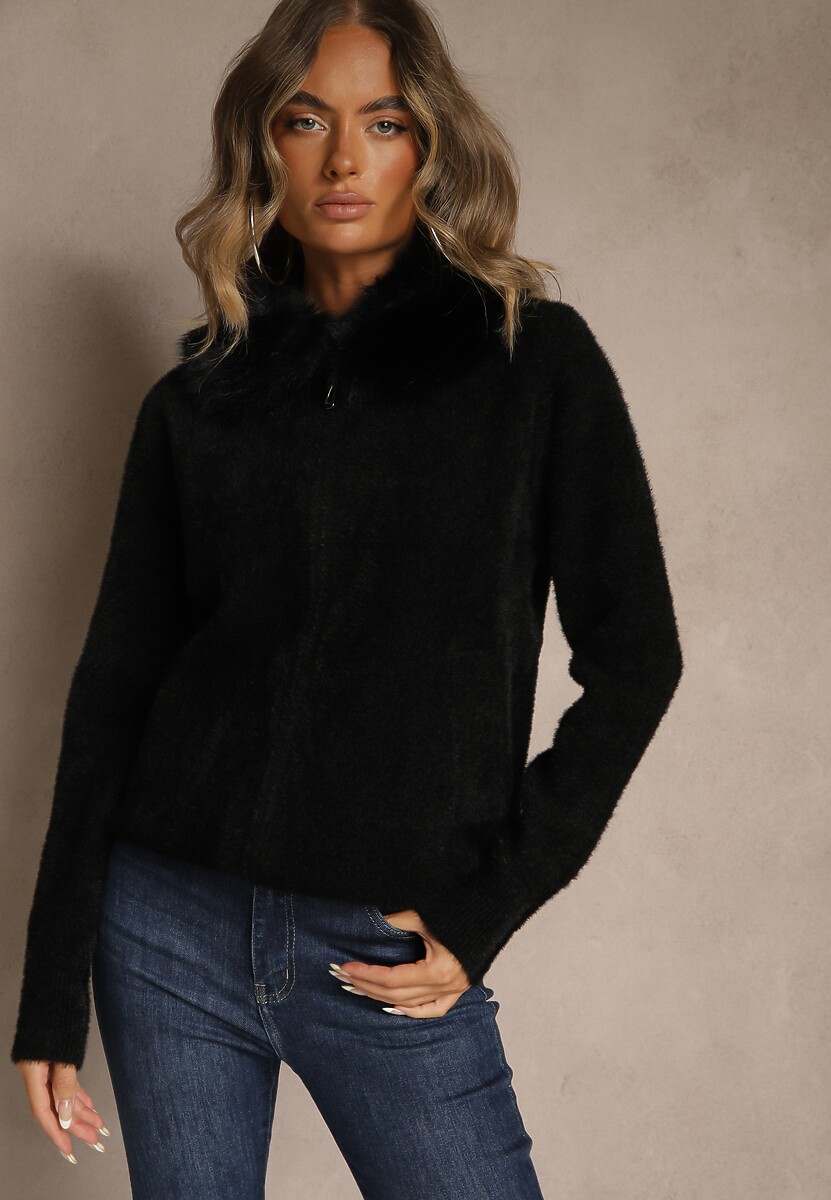 Jasnobeżowy Zasuwany Kardigan z Wełną z Futerkowym Kołnierzem Asiste