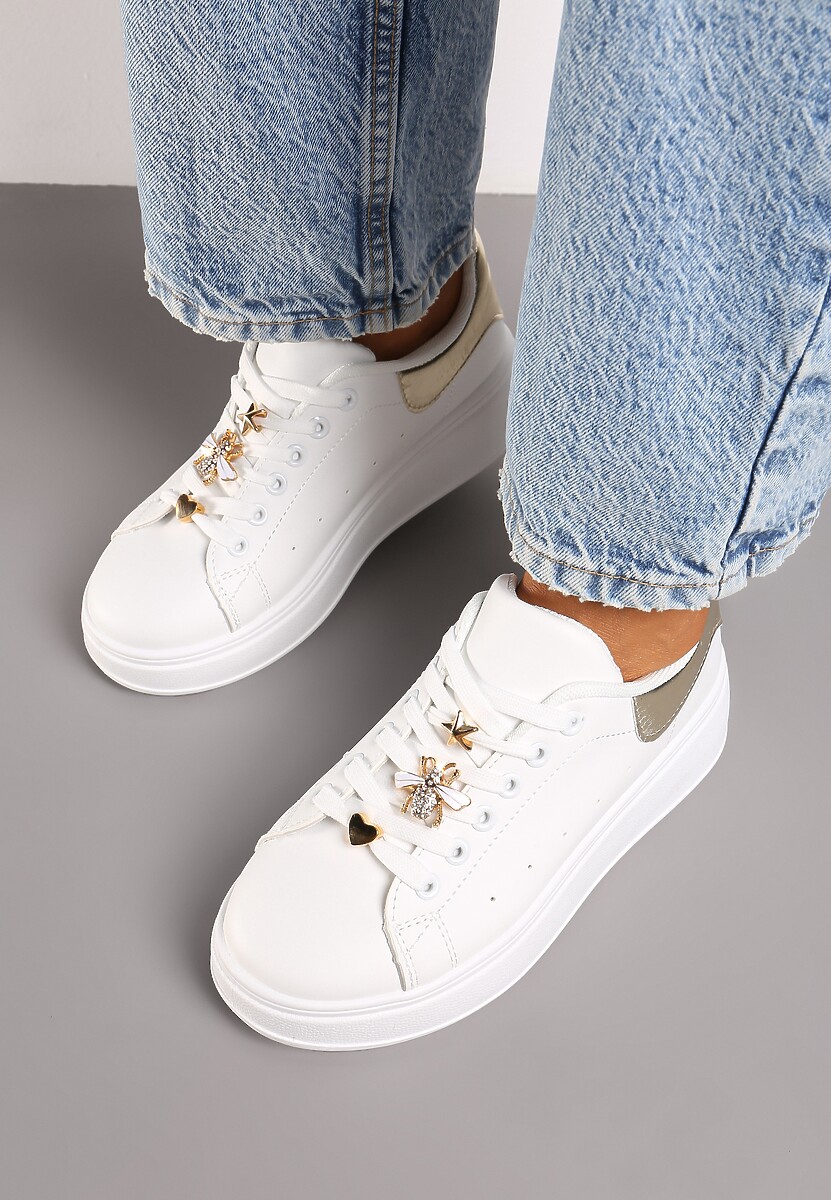 Biało-Złote Sneakersy na Platformie Wykończone Cyrkoniowymi Aplikacjami Vliorina