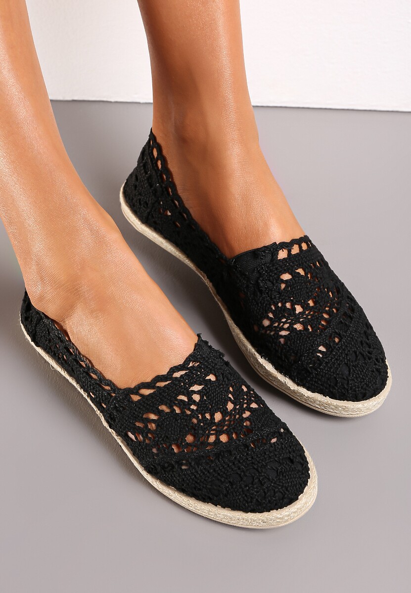 Czarne Espadryle z Ażurową Cholewką i Plecioną Podeszwą Gratifyinglys