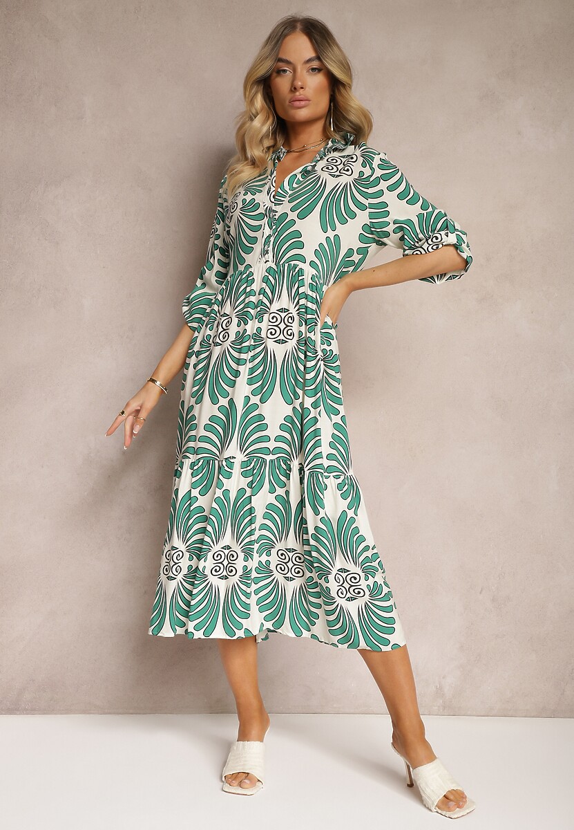 Zielono-Biała Wiskozowa Sukienka Zapinana na Guziki z Regulowanymi Rękawami Biatalia