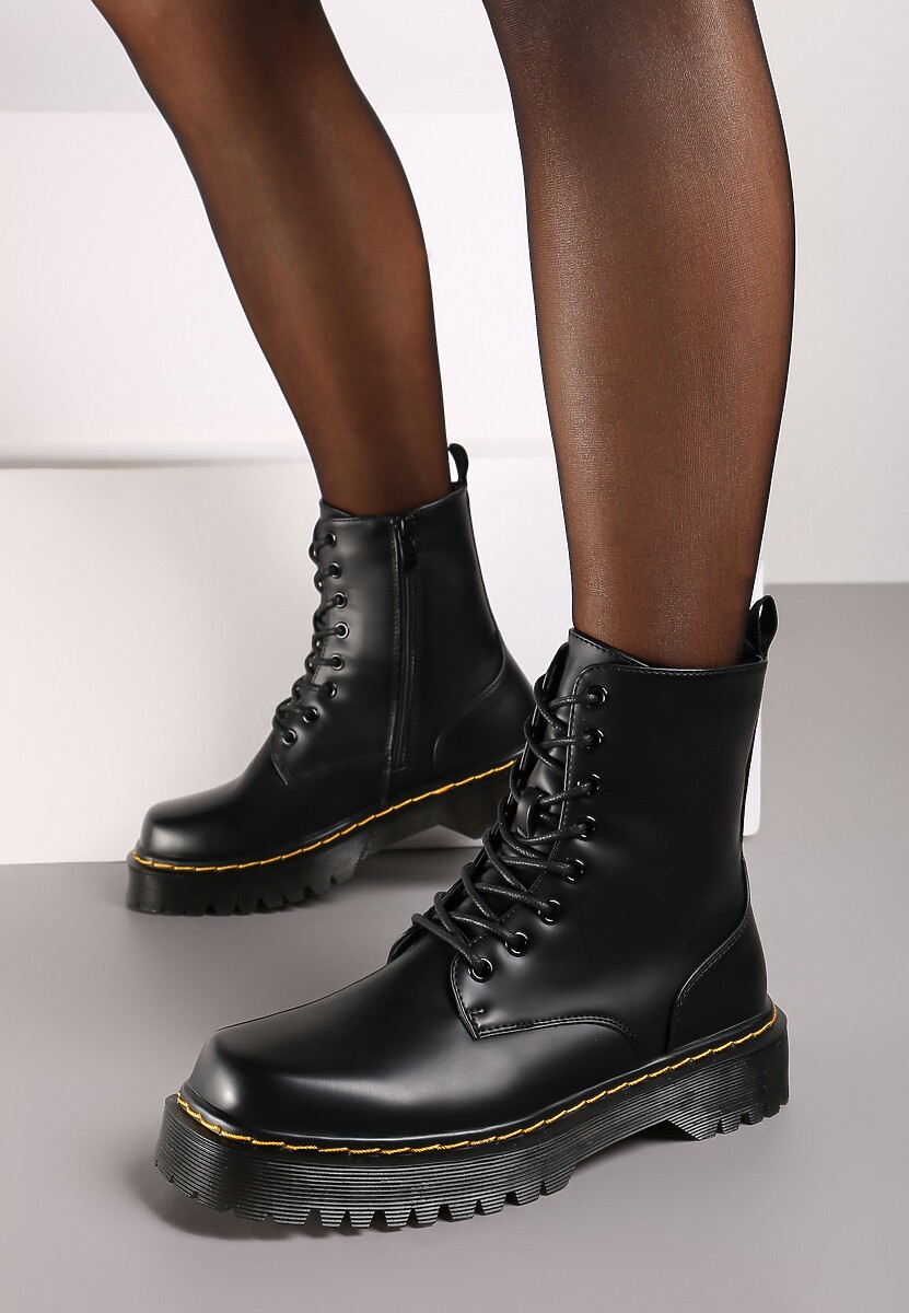 Brązowe Sznurowane Ocieplone Botki na Platformie w Stylu Workerów Crecca