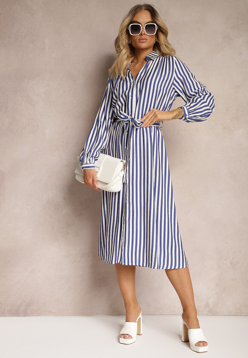 Granatowo-Biała Sukienka o Koszulowym Kroju z Materiałowym Paskiem Zapinana na Guziki Dimori