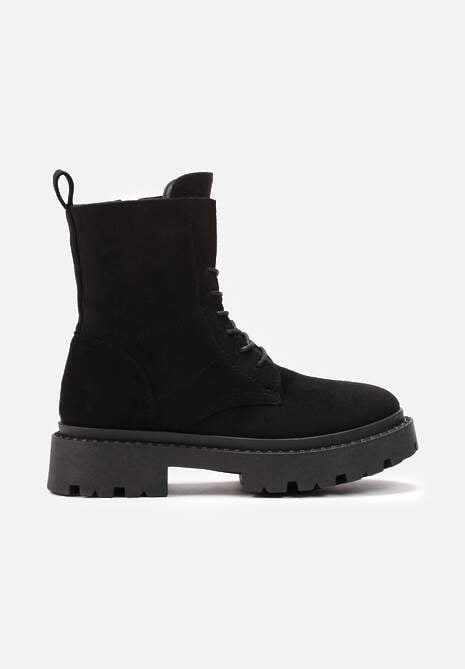 Czarne Botki z Imitacji Zamszu na Płaskiej Podeszwie z Przeszyciami i Logo Sylvara
