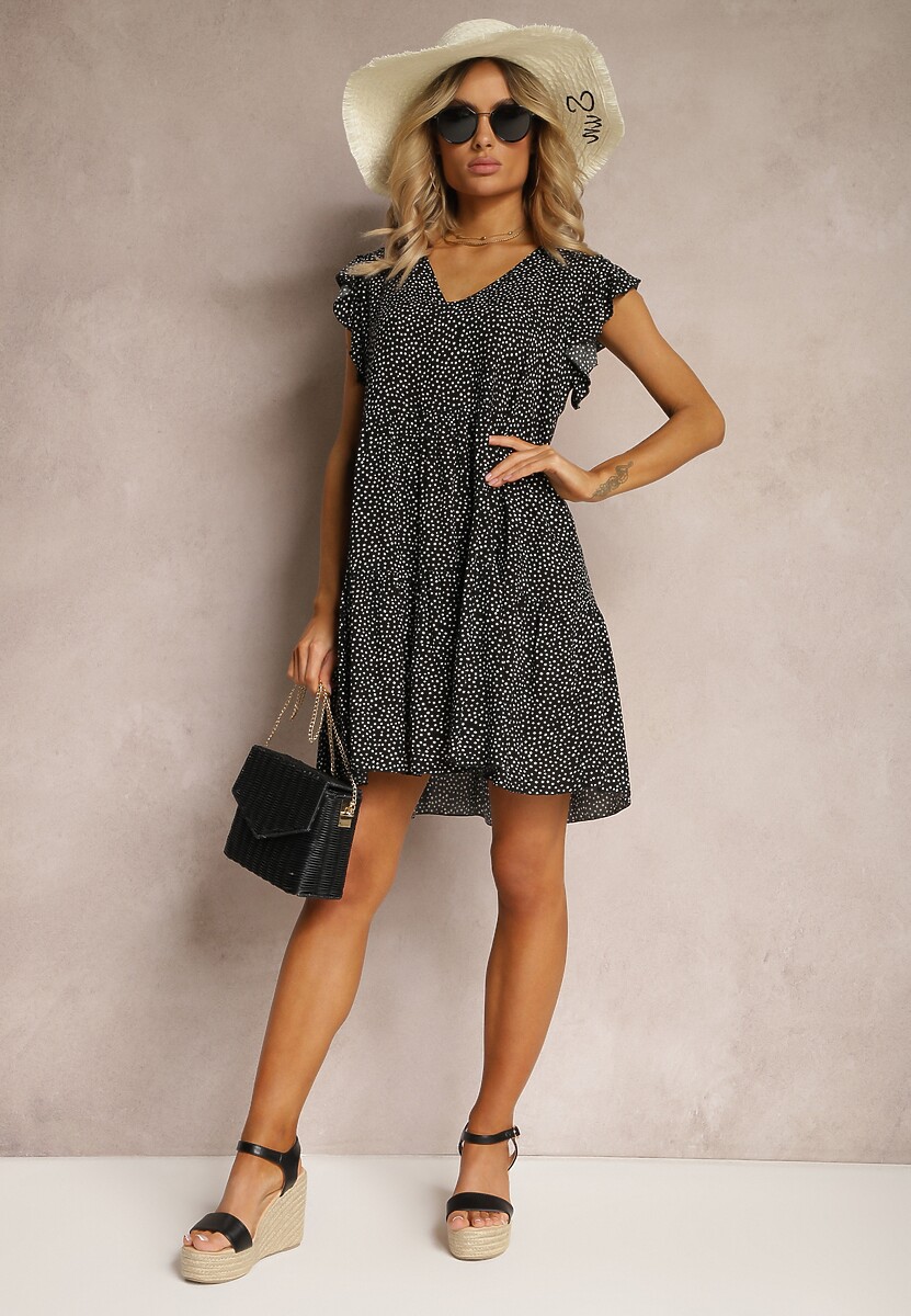 Czarna Rozkloszowana Sukienka z Bawełny w Kropki z Trójkątnym Dekoltem Riessa