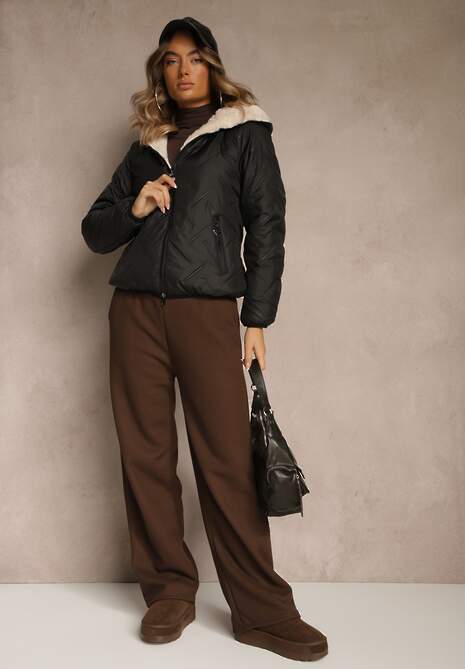 Czarno-Beżowa Dwustronna Kurtka z Pikowanymi Przeszyciami i Kapturem Tianessa