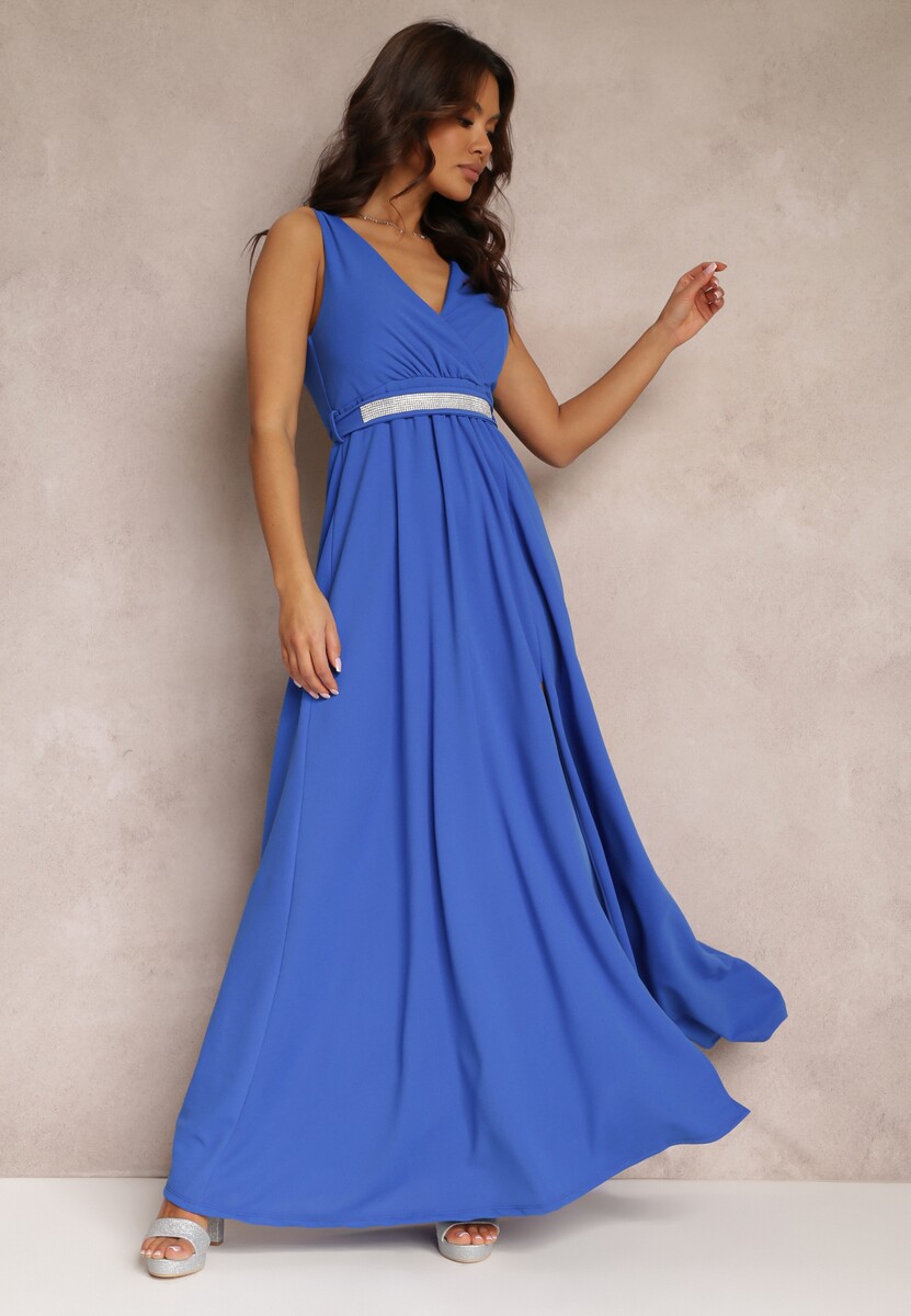 Niebieska Rozkloszowana Sukienka z Wycięciem i Paskiem w Cyrkonie Elineta