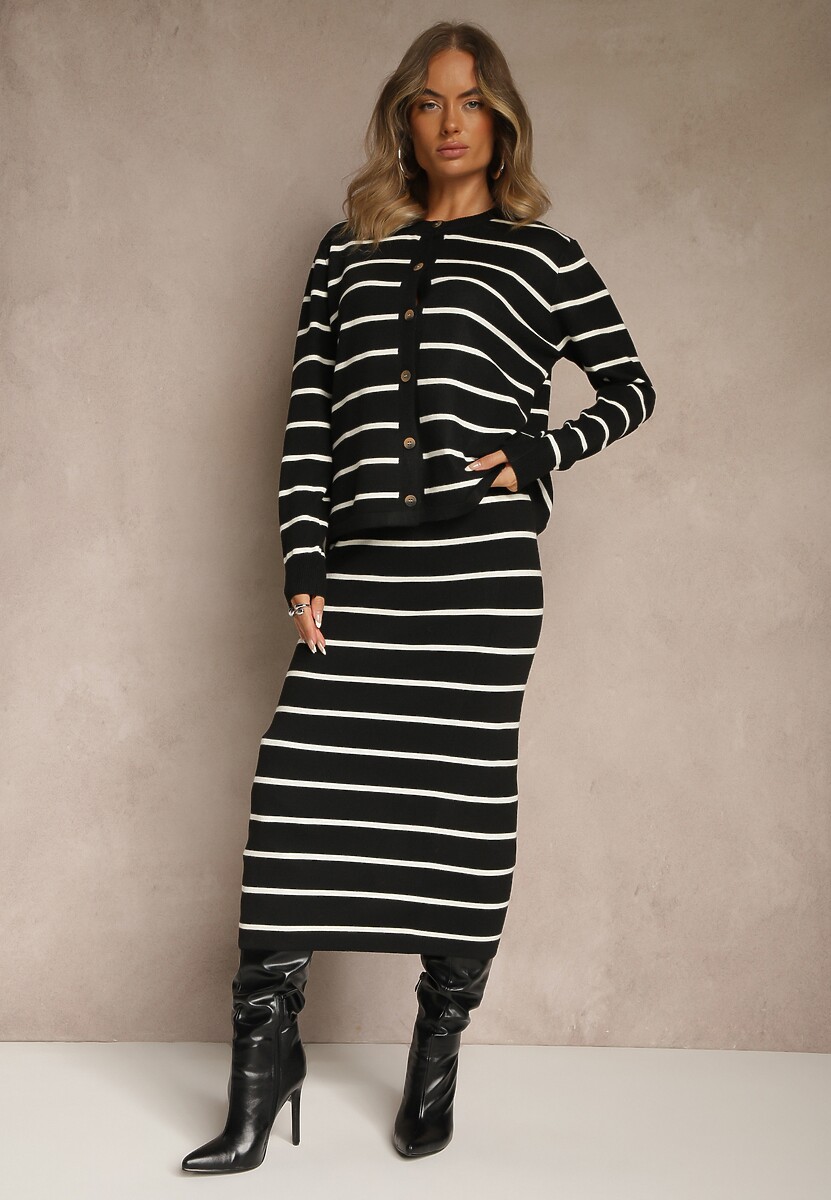 Beżowy Komplet z Wiskozą Spódnica i Bluzka z Guzikami Ozdobione Paskami Forrive