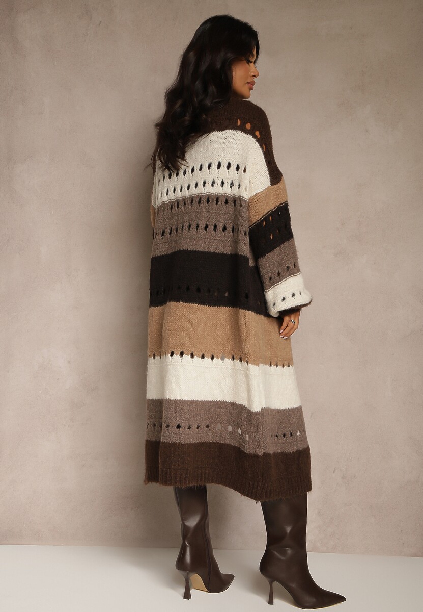 Brązowy Ażurowy Kardigan w Paski z Dodatkiem Wełny i Wiskozy o Długim Kroju Ilonine