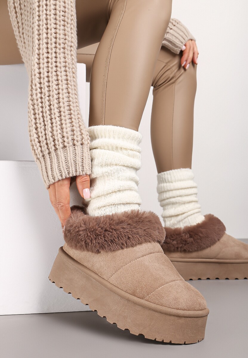 Ciemnobeżowe Śniegowce na Grubej Podeszwie z Ociepleniem z Futerka Tirisha