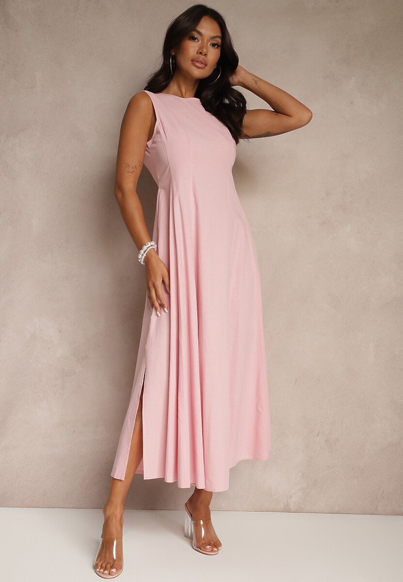 Różowa Sukienka Rozkloszowana z Wiskozą Bawełną i Rozcięciem na Nogę Saravisse
