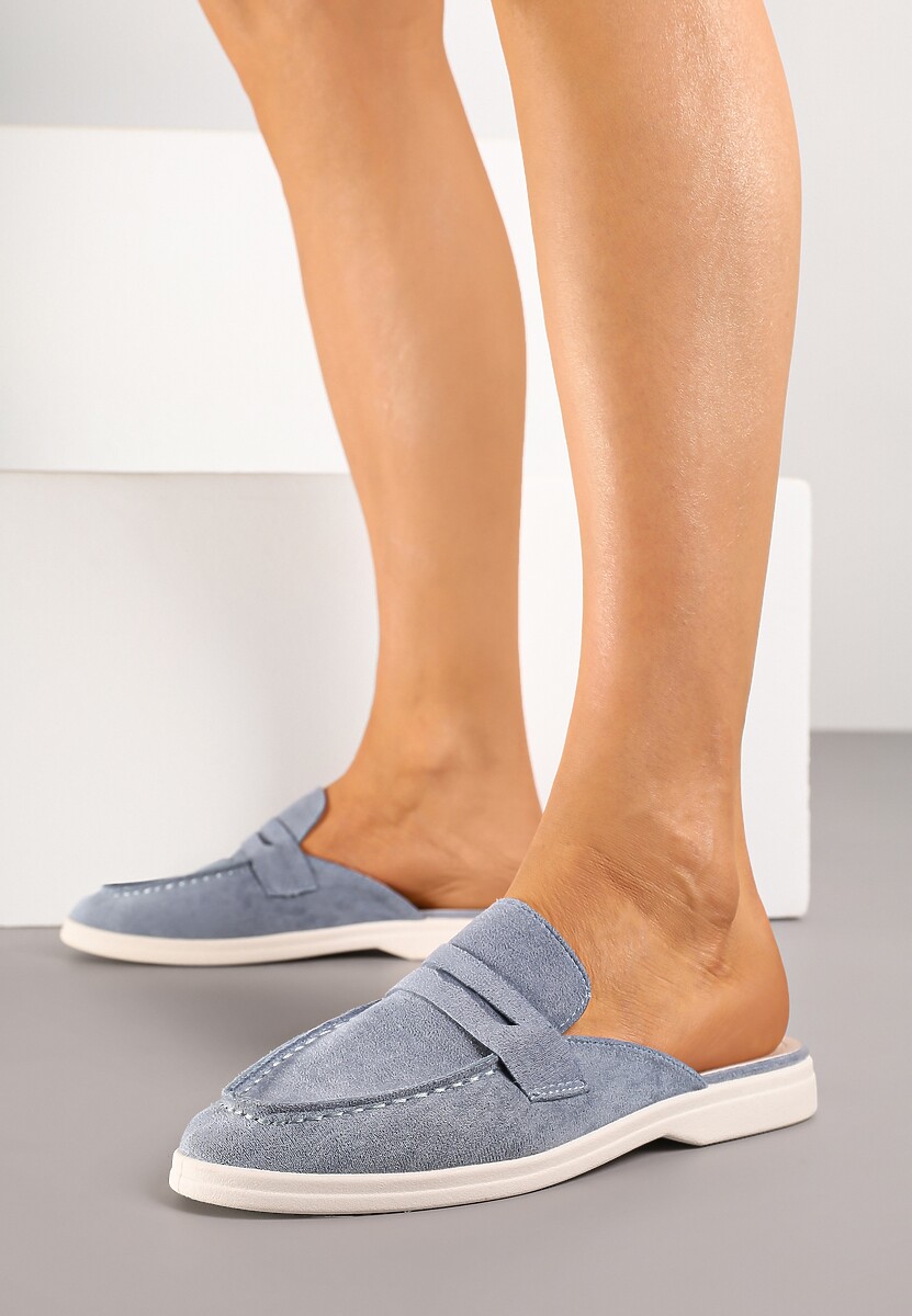 Niebieskie Klapki w Stylu Muli Ozdobione Przeszyciami Firarelle