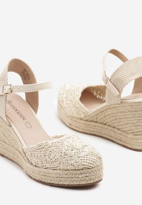 Beżowe Sandały Boho na Plecionym Koturnie z Wkładką ze Skóry Naturalnej Maniffia