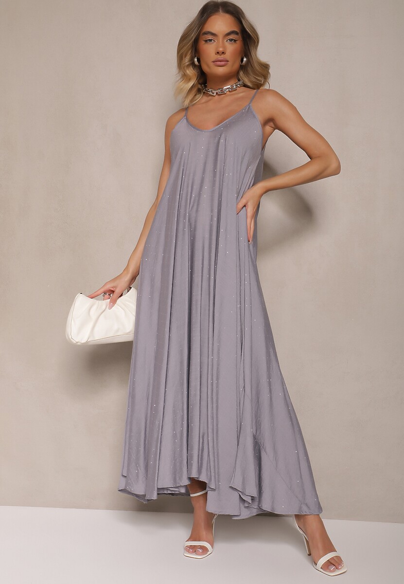 Niebieska Wiskozowa Sukienka o Rozkloszowanym Kroju Ozdobiona Cyrkoniami Tosnaria