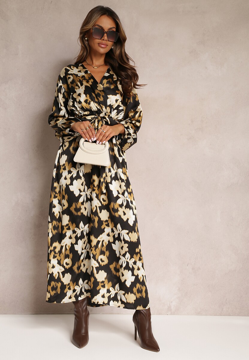 Czarna Sukienka Maxi w Kwiaty z Kopertową Górą i Paskiem Samahine