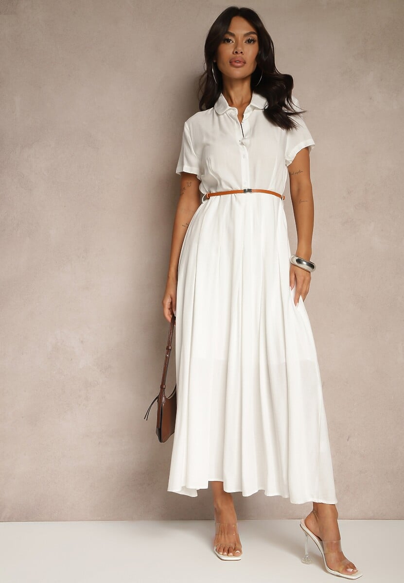 Biała Koszulowa Sukienka z Wiskozy z Cienkim Paskiem Filanella