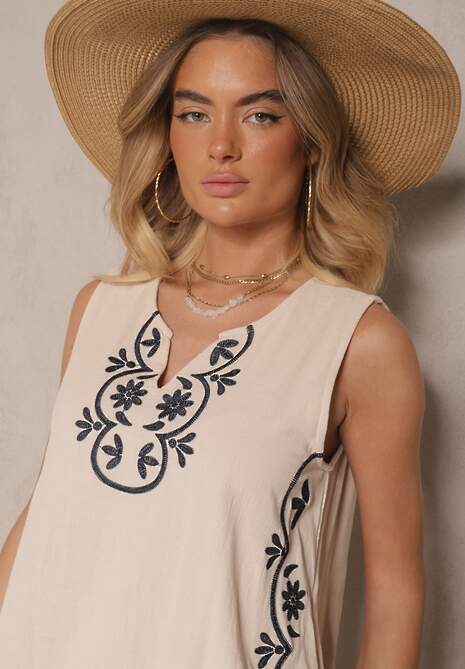 Jasnobeżowa Sukienka z Bawełny z Ozdobnym Haftem Sellive