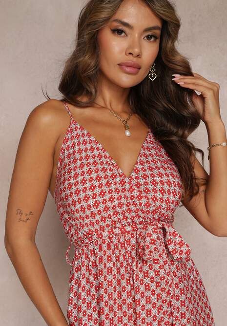 Różowa Wiskozowa Sukienka z Falbankami i Gumką w Pasie z Materiałowym Paskiem Erafina