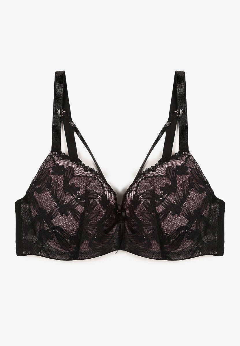 Czarno-Różowy Biustonosz z Dodatkowymi Paskami Zdobiony Koronką i Cyrkoniami Ollimi