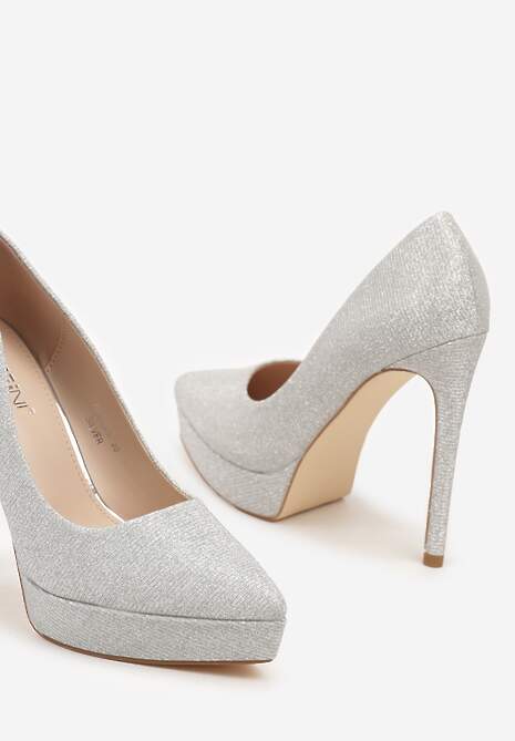 Srebrne Eleganckie Brokatowe Szpilki na Platformie w Klasycznym Stylu Navienne