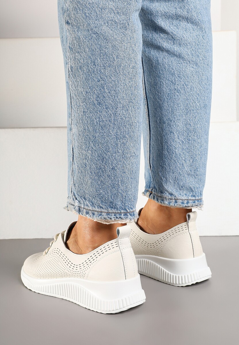 Beżowe Sneakersy ze Skóry Naturalnej ze Skórzaną Wkładką i Perforacją Alothis