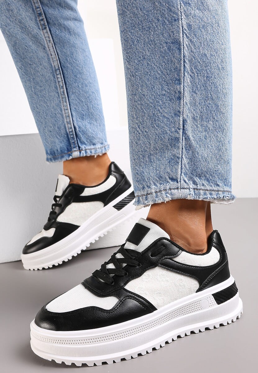 Czarne Sznurowane Sneakersy z Brokatem  na Grubej Podeszwie z Wycięciami Amena