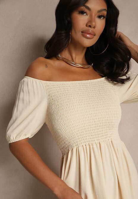 Jasnobeżowa Sukienka Hiszpanka z Marszczoną Górą Lumirielle