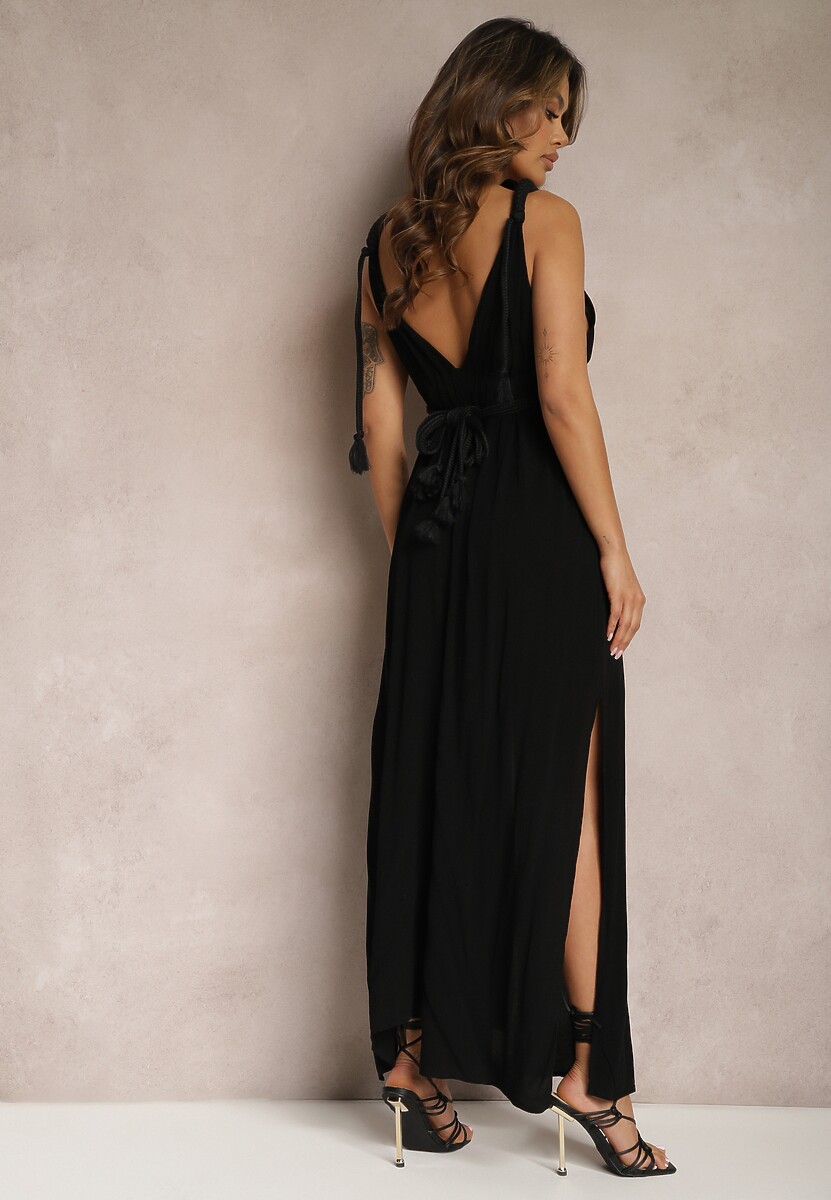 Czarny Kombinezon bez Rękawów z Gumką w Talii z Wiskozy i Lnu Nehir