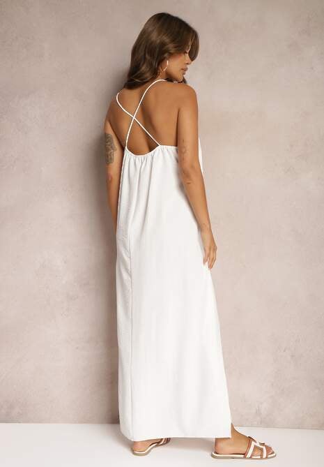 Biała Sukienka na Ramiączkach o Taliowanym Kroju Rivatta