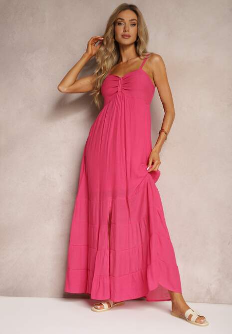 Fuksjowa Sukienka z Dodatkiem Bawełny na Ramiączkach z Regulacją oraz Gumką z Tyłu Tinanoras