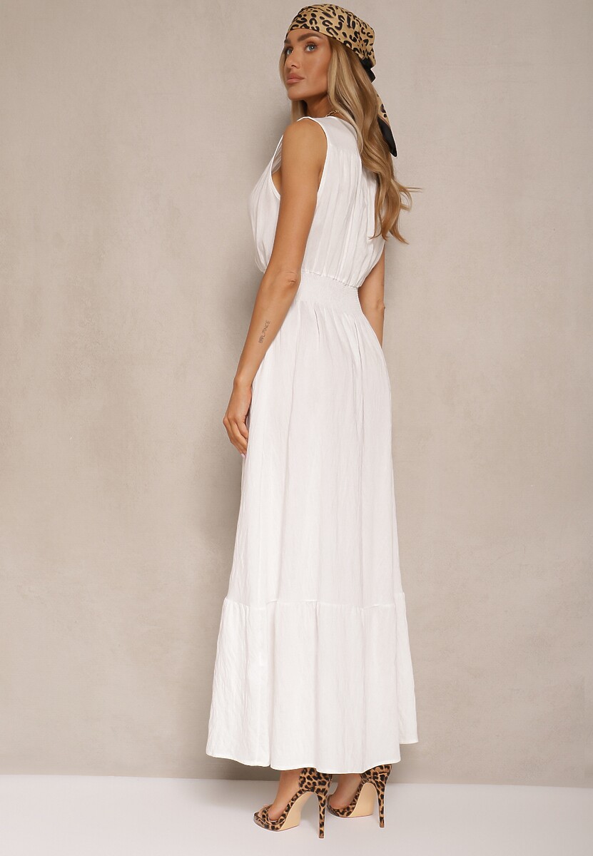 Biała Rozkloszowana Sukienka o Kopertowym Fasonie z Gumką w Talii Filadira