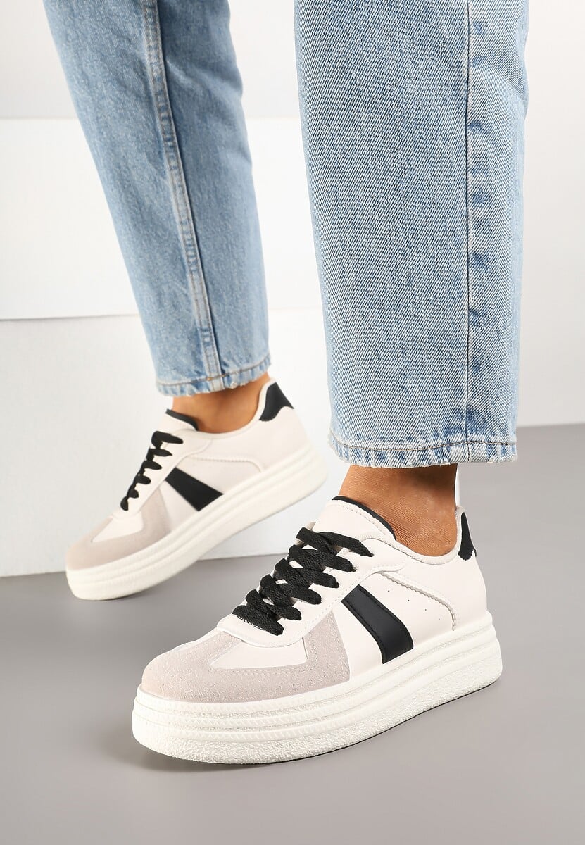 Beżowo-Czarne Sneakersy na Platformie Ozdobione Paskami ze Sznurowaniem Bormi