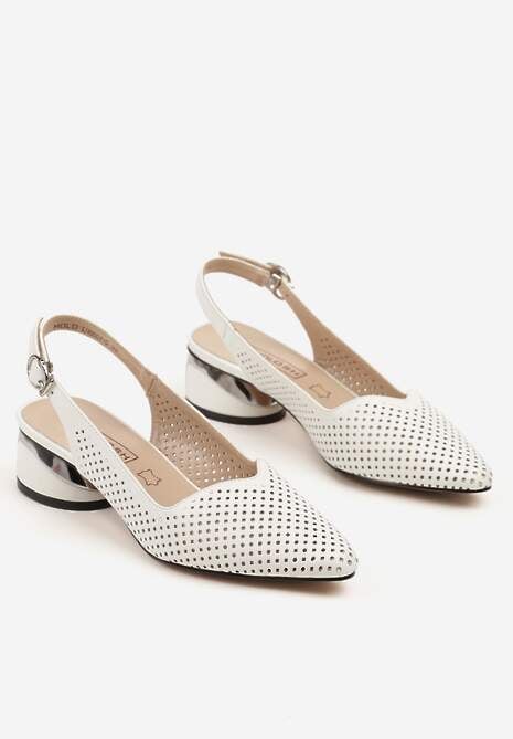 Białe Sandały Ażurowe na Słupku Slingback ze Skórzaną Wkładką Milionessa