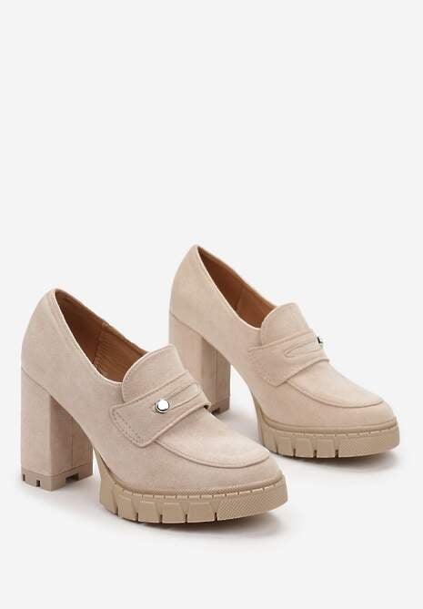 Beżowe Półbuty na Słupku i Platformie Albreide