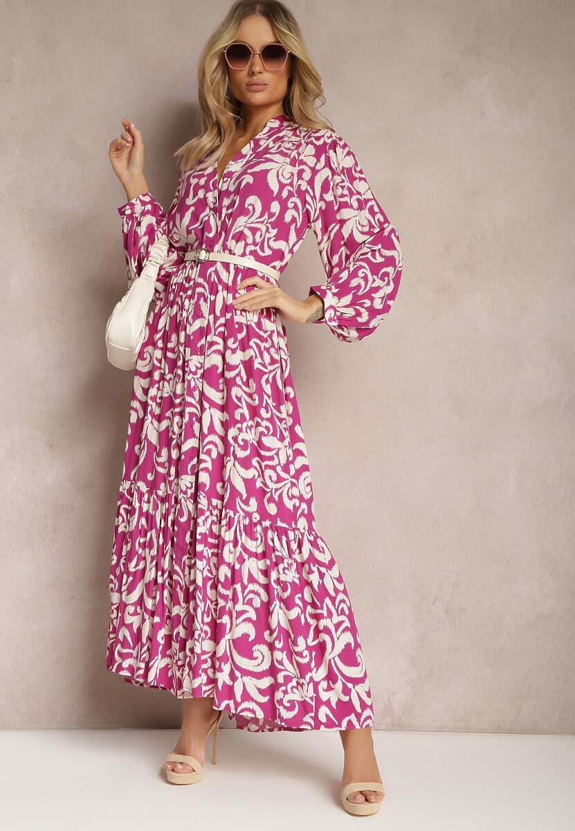 Fuksjowa Rozkloszowana Sukienka Maxi z Wiskozy o Koszulowym Kroju w Ornamentalny Print Leonorra