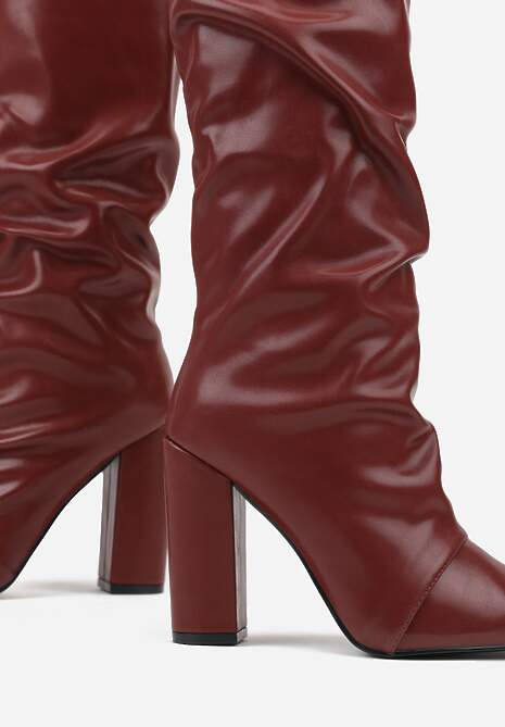 Bordowe Marszczone Kozaki na Słupkowym Obcasie z Noskiem w Szpic Badara