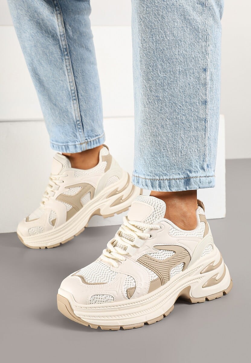 Beżowe Sneakersy na Platformie z Tłoczeniem i Geometrycznym Wzorem Melvila