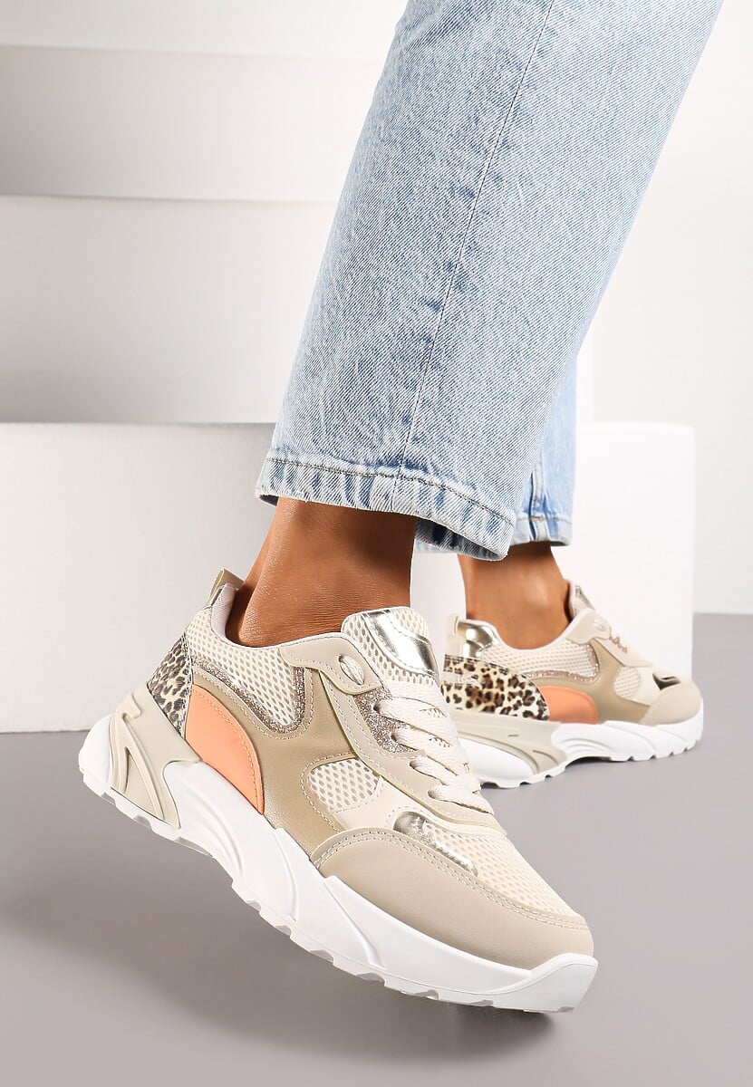 Ciemnobeżowe Sneakersy z Metalicznymi i Siateczkowymi Wstawkami Efalia