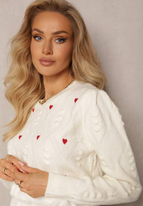 Beżowy Klasyczny Sweter ze Ściągaczami i Ozdobnymi Haftami Reani