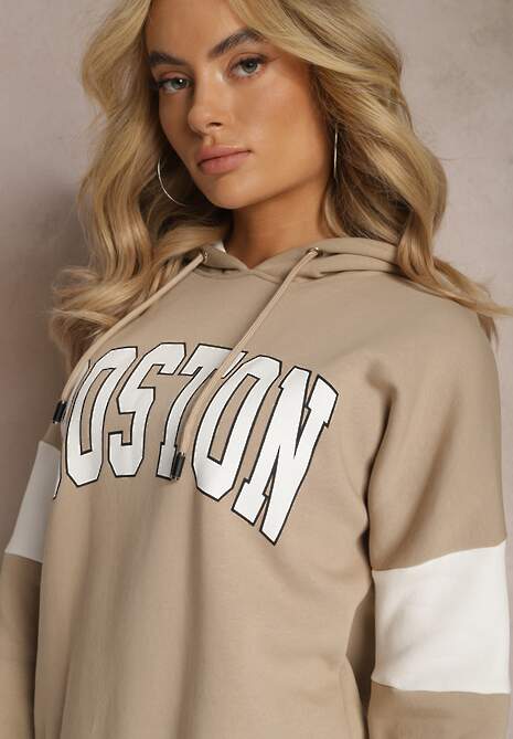 Beżowa Bawełniana Bluza z Kapturem w Amerykańskim Stylu z Napisem i Polarem Iocaste