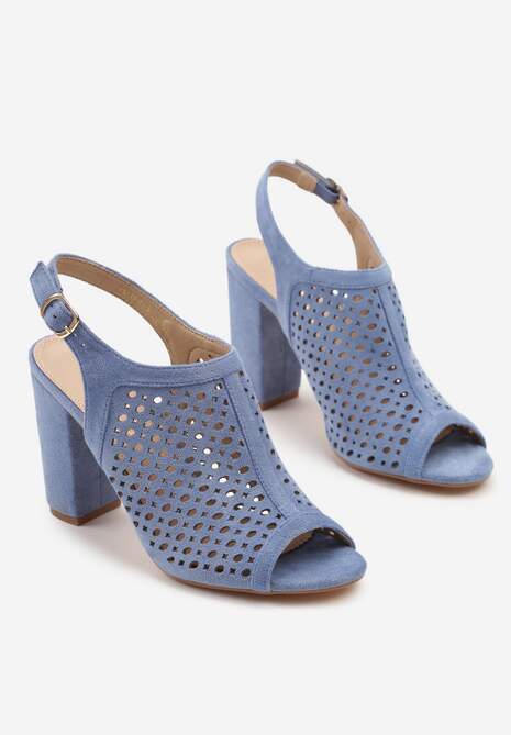 Niebieskie Sandały na Słupku z Ażurową Cholewką i  Skórzaną Wkładką Linalira