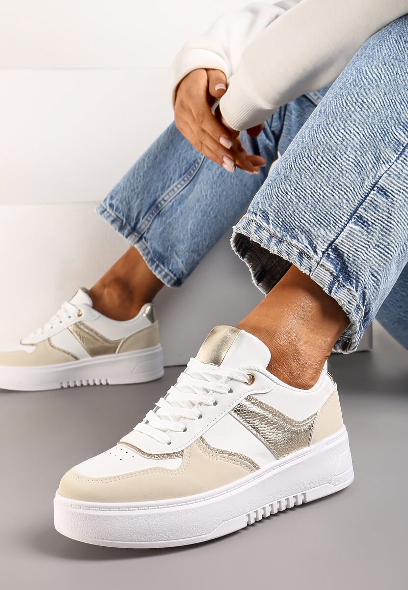 Biało-Beżowe Sneakersy na Platformie z Brokatowymi Akcentami Sellona