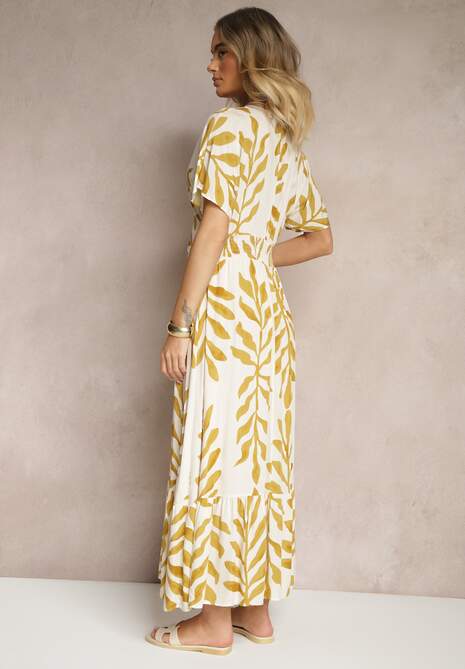 Żółta Wiskozowa Sukienka z Motywem Liści Verilin