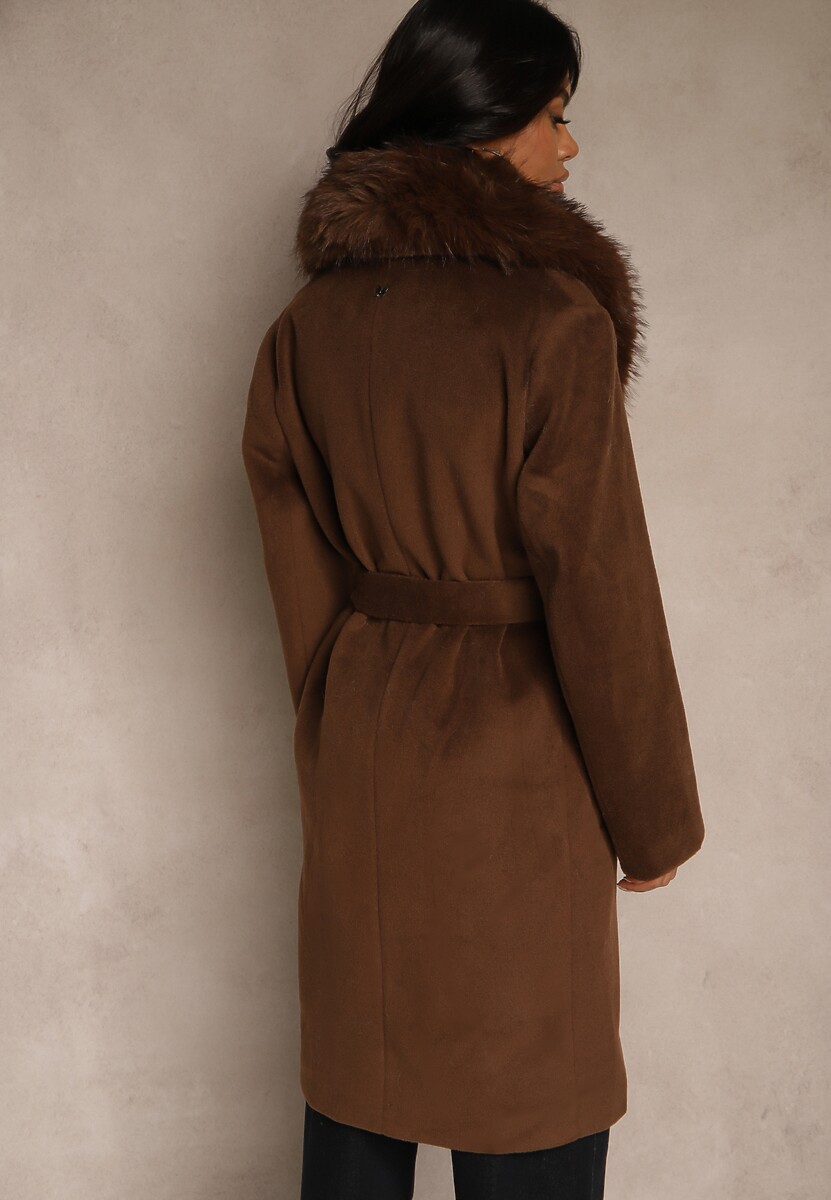 Brązowy Płaszcz z Futrzanym Kołnierzem Kieszeniami i Wiązanym Paskiem Perria